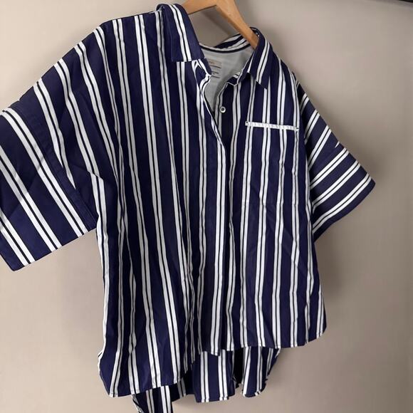 Le Phil Thomas Mason Button Front Blue White Striped Short Sleeve Blouse Japan - Picture 3 of 9